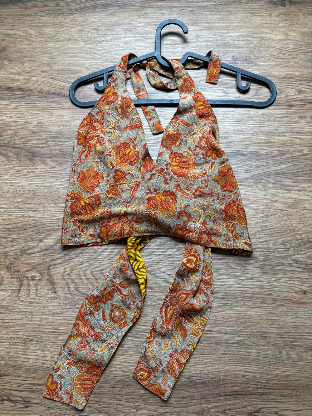 Floral Tie-Back Halter Top in Orange & Tan
